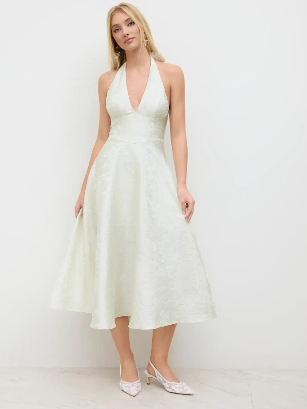 Sleeveless Halter V-Neck Textured Cream Dress